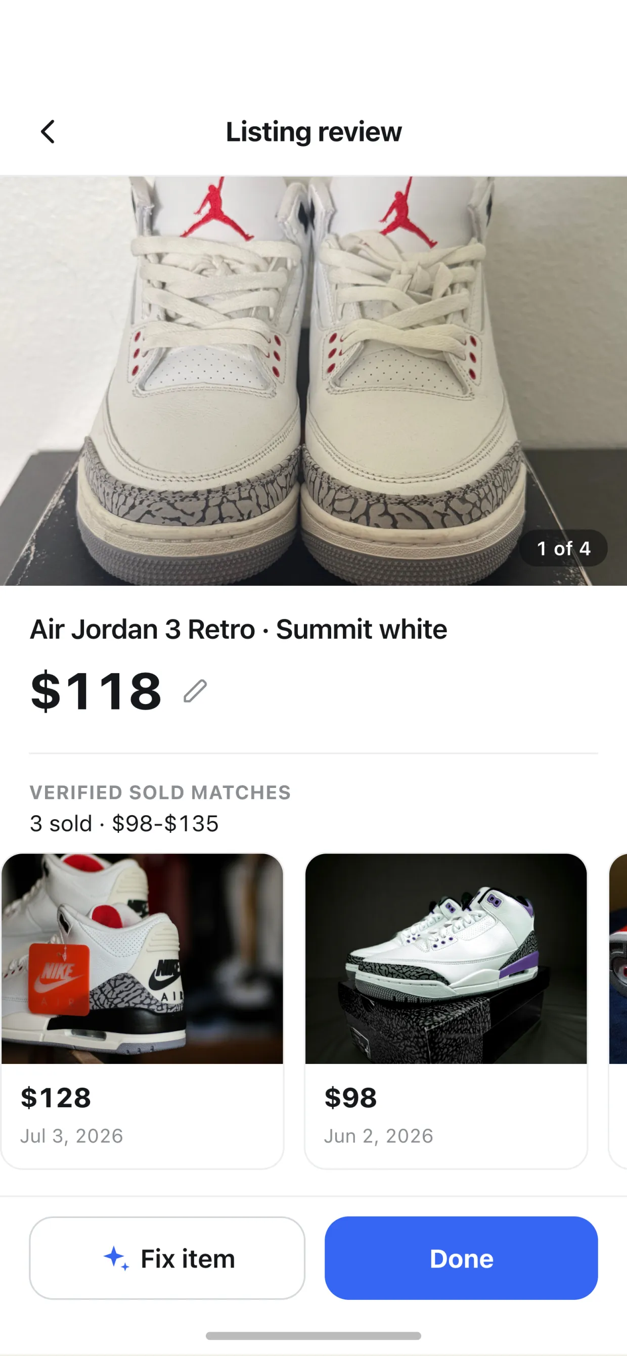 Listing review showing the item identified as an Air Jordan 3 Retro in summit white, an editable price of $118, and the three sold matches between $98 and $135 that the price came from.