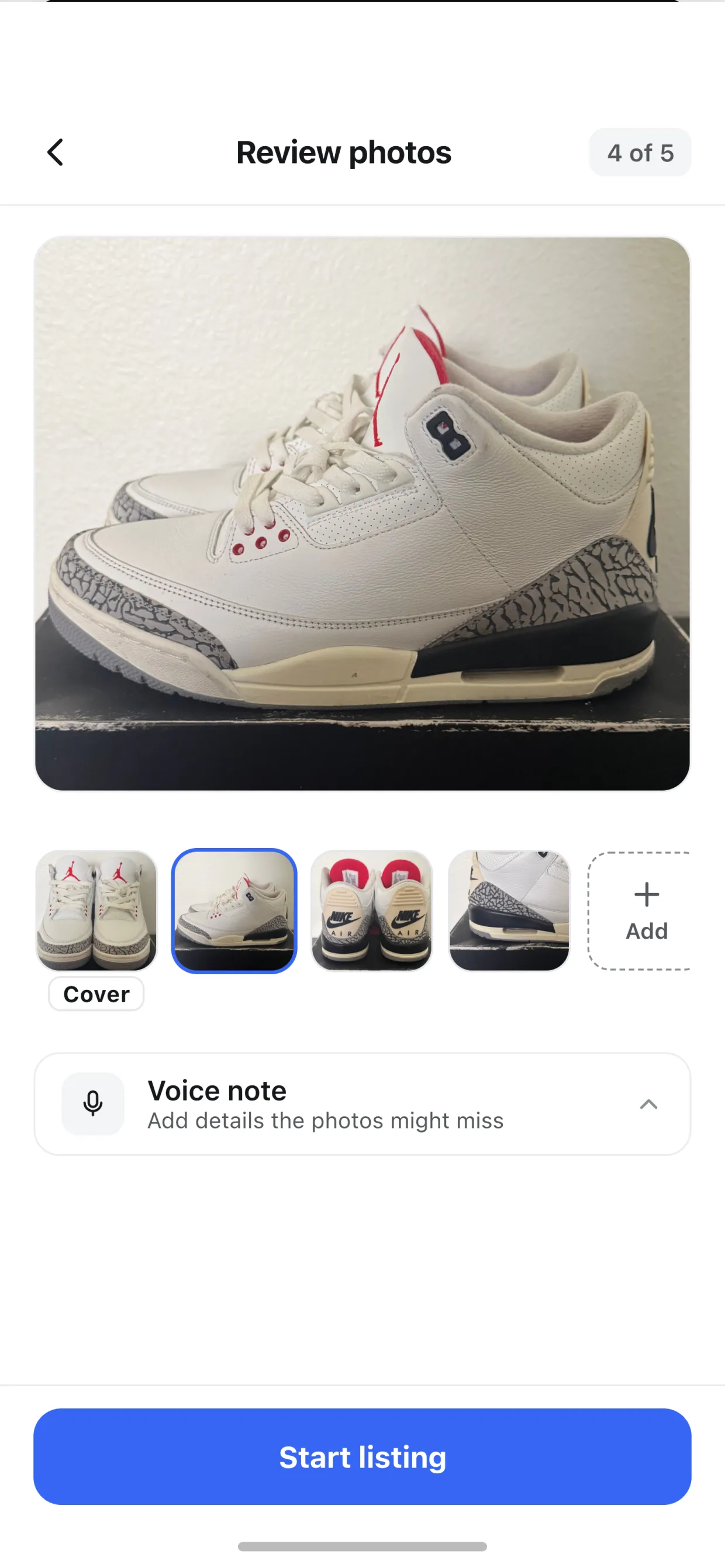 Photo review showing four of five photos of a sneaker, each one a different angle, the first marked Cover, a tile for adding another, and an empty voice note row offering to add details the photos might miss.