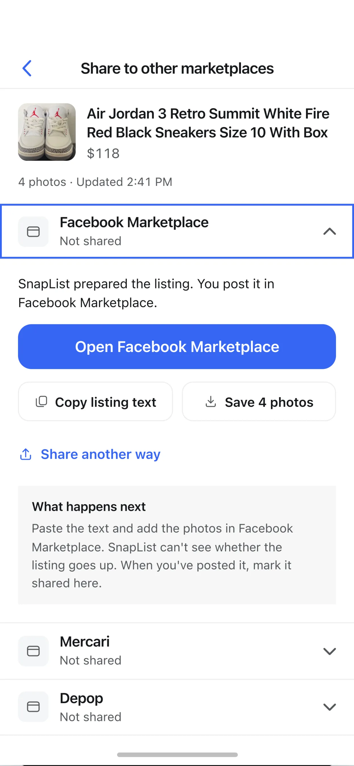 Share to other marketplaces, with Facebook Marketplace, Mercari and Depop each marked Not shared until you post the prepared listing yourself.